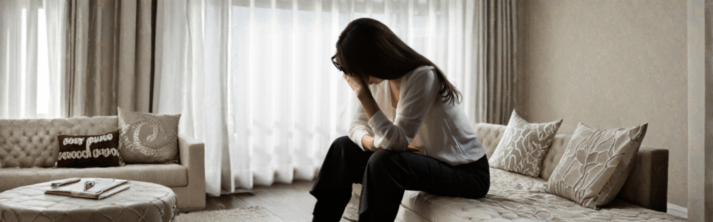 部屋で不安そうに俯く女性